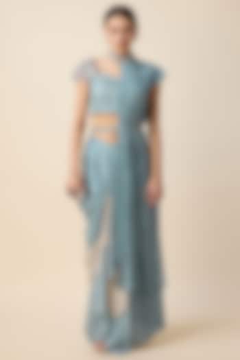 Blue Georgette Draped Skirt Saree Set by Merge Design