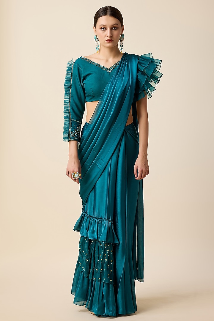 Teal Blue Chiffon Pleated Pre-Stitched Saree Set by Merge Design
