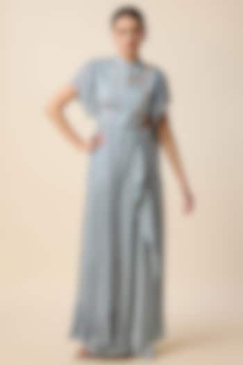 Grey Georgette & Silk Draped Skirt Saree Set by Merge Design