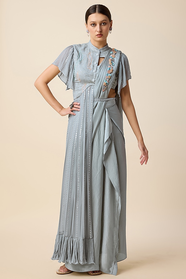 Grey Georgette & Silk Draped Skirt Saree Set by Merge Design