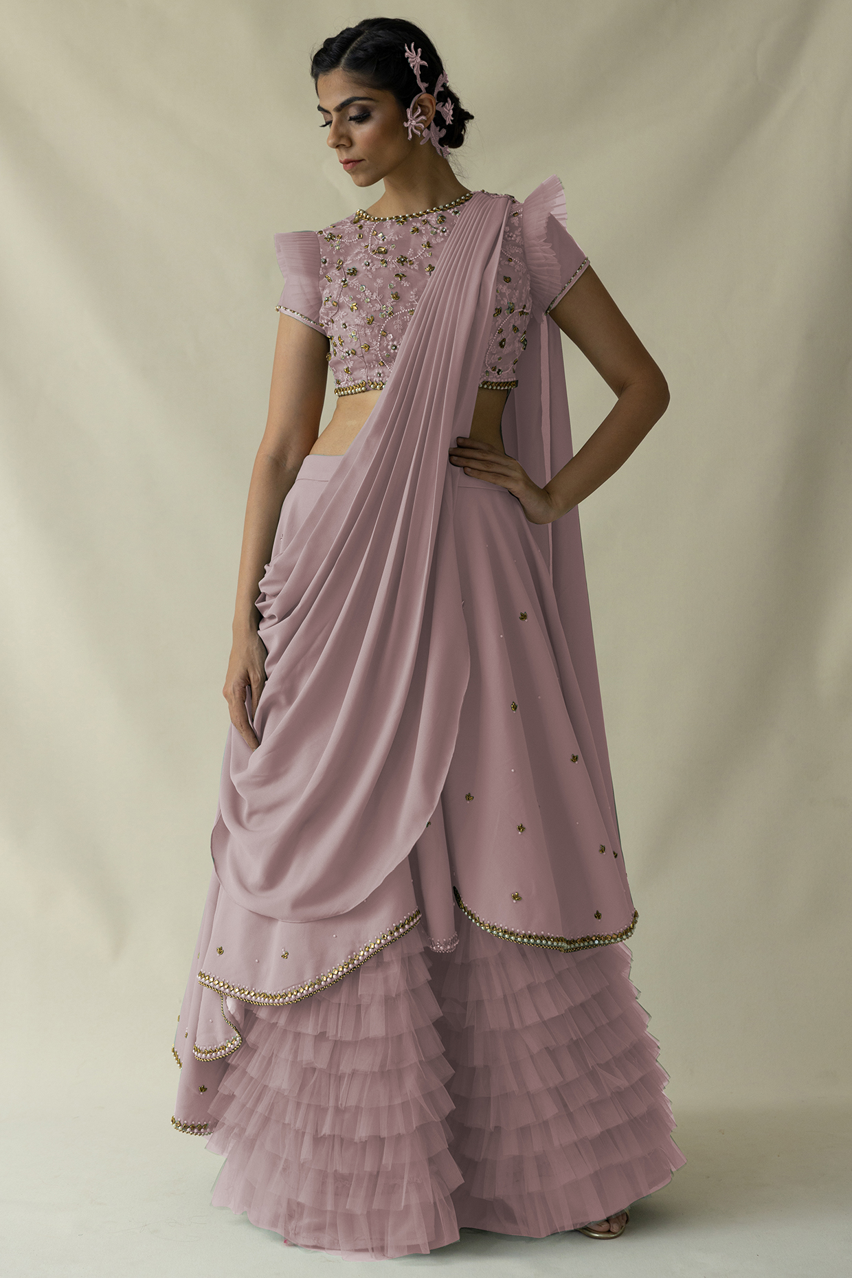 Pink Net Ruffled Lehenga Set by Merge Design at Pernia's Pop Up Shop