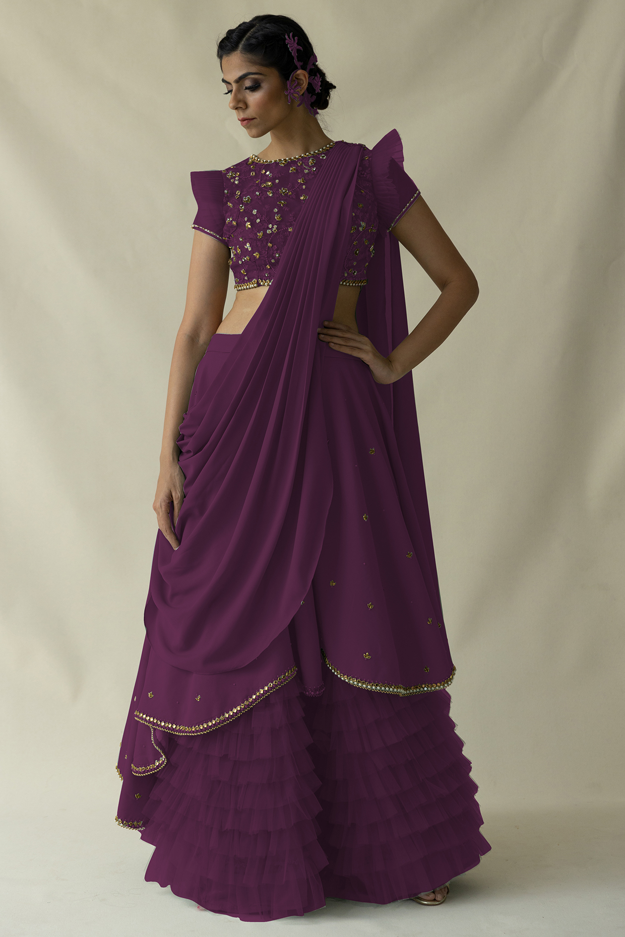 Wine Net Ruffled Lehenga Set by Merge Design at Pernia's Pop Up Shop