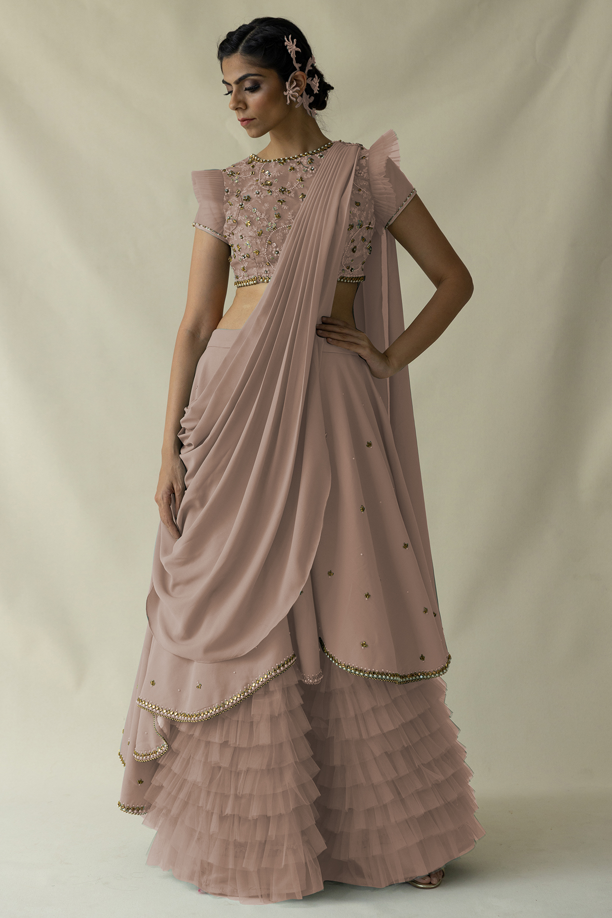 Pale Pink Net Ruffled Lehenga Set by Merge Design at Pernia's Pop Up Shop