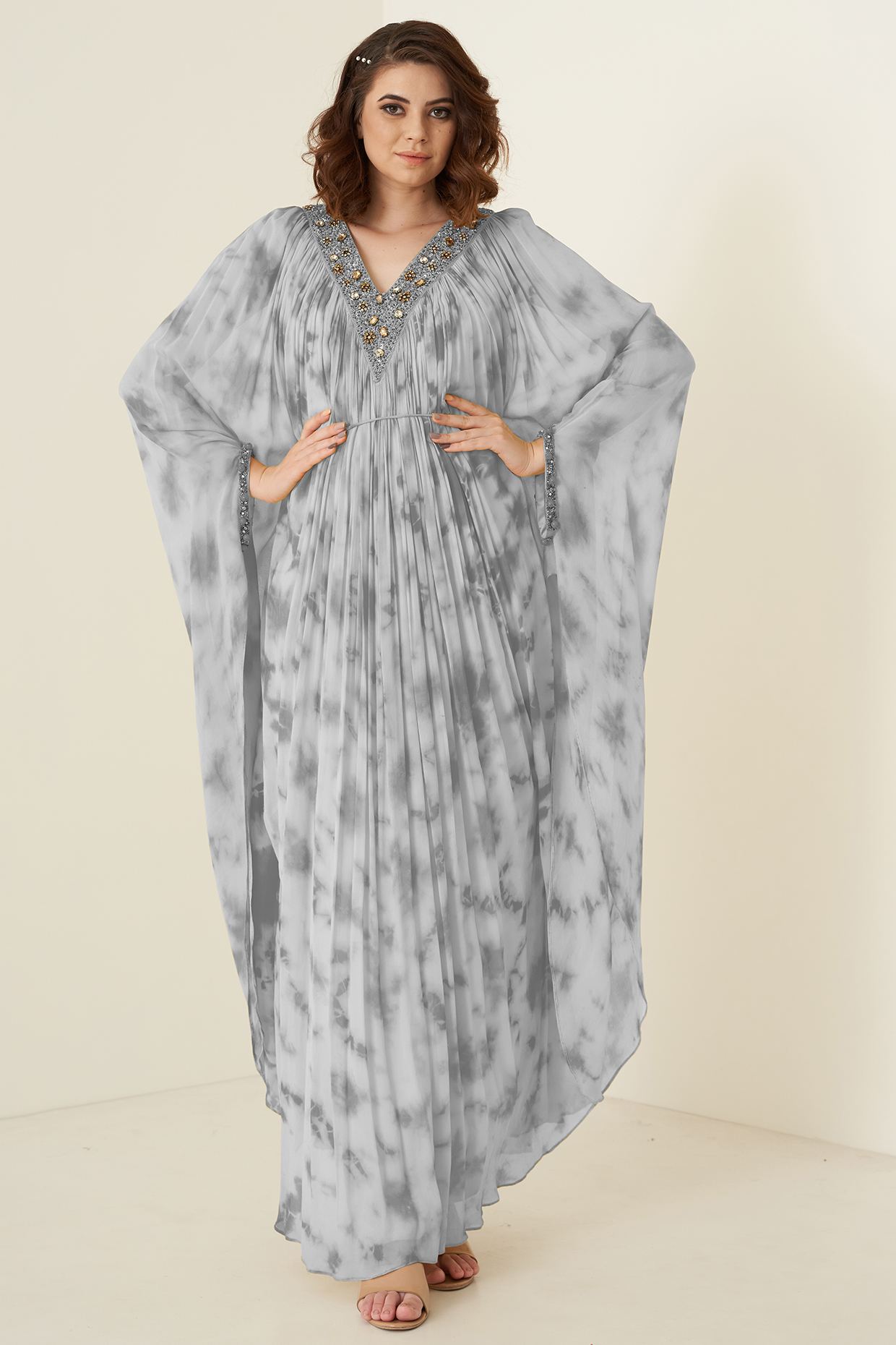 Grey Georgette Embroidered & Tie-Dyed Kaftan by Merge Design at Pernia's Pop Up Shop