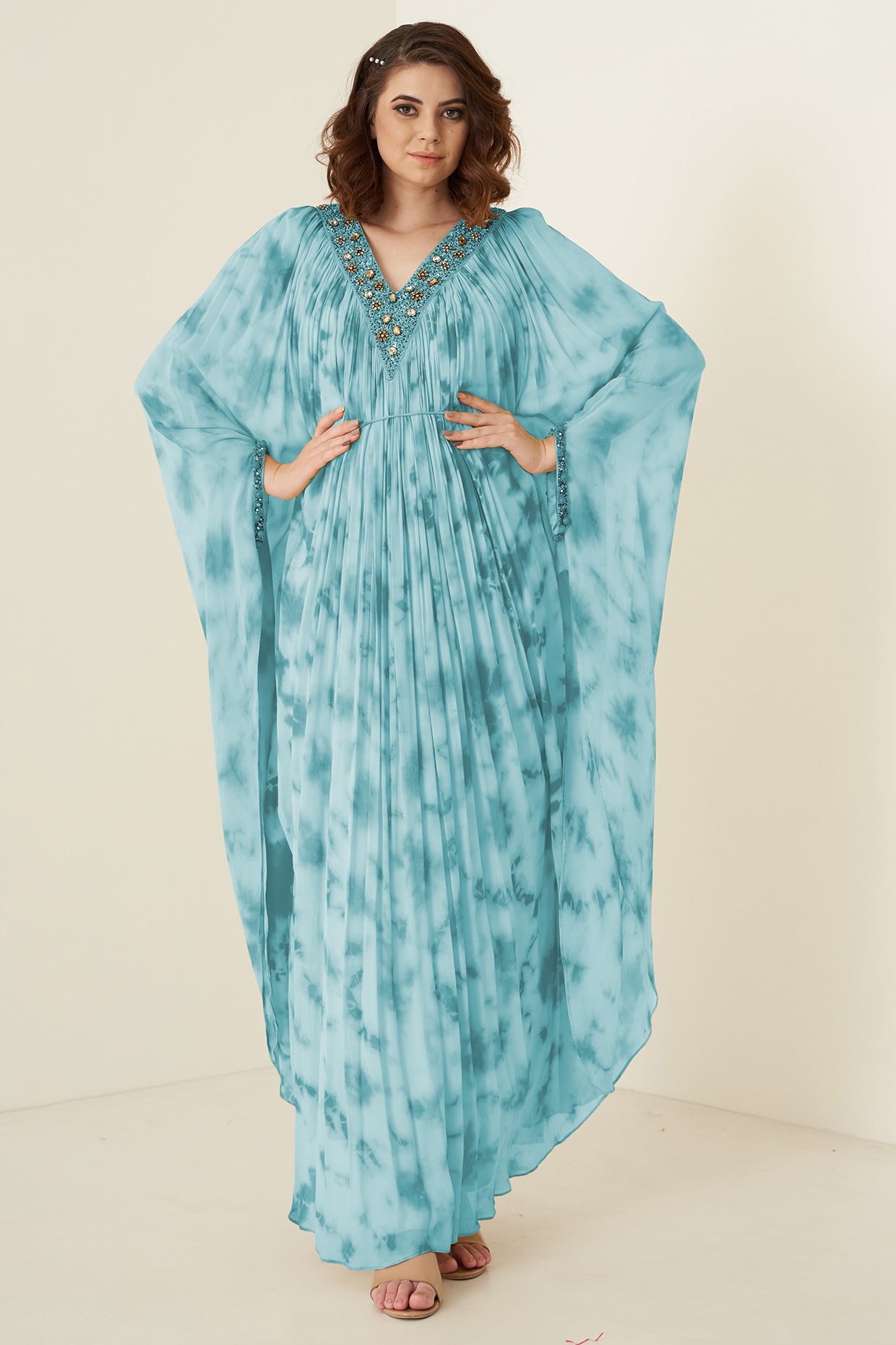 Turquoise Georgette Embroidered Tie-Dyed Kaftan by Merge Design