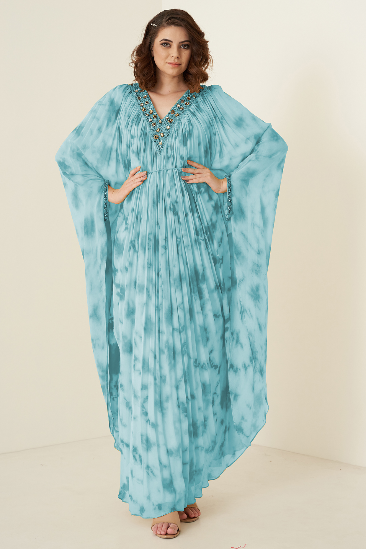 Turquoise Georgette Embroidered & Tie-Dyed Kaftan by Merge Design at Pernia's Pop Up Shop