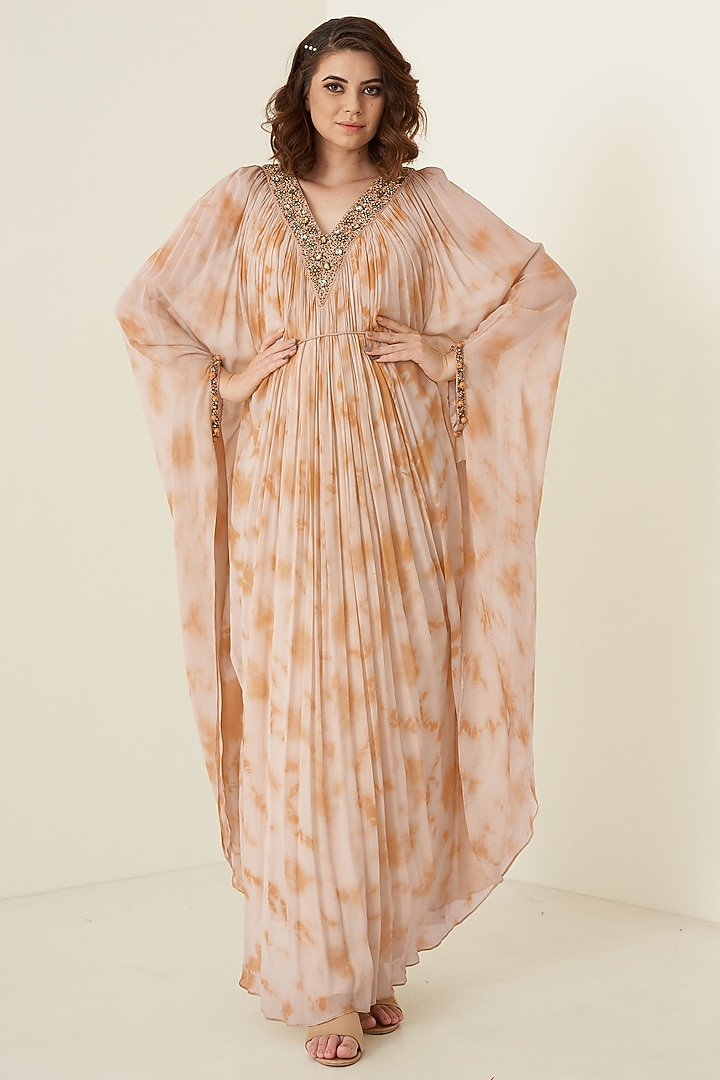 Peach Georgette Embroidered & Tie-Dyed Kaftan by Merge Design at Pernia's Pop Up Shop
