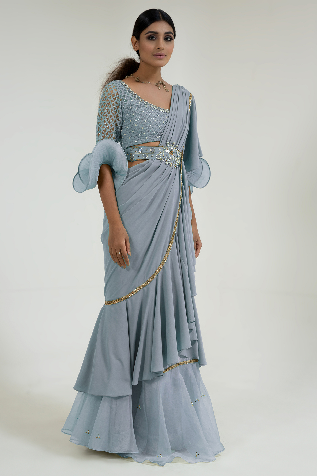 Powder Blue Georgette Blend Pre-Draped Ruffled Party Wear Saree Set by Merge Design at Pernia's Pop Up Shop