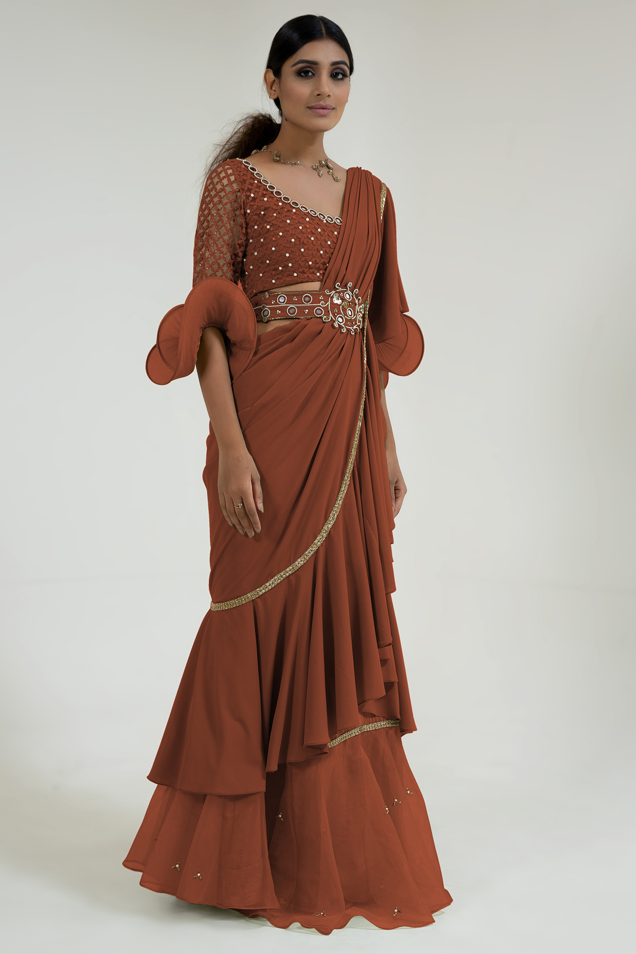 Rust Georgette Blend Pre-Draped Ruffled Party Wear Saree Set by Merge Design at Pernia's Pop Up Shop