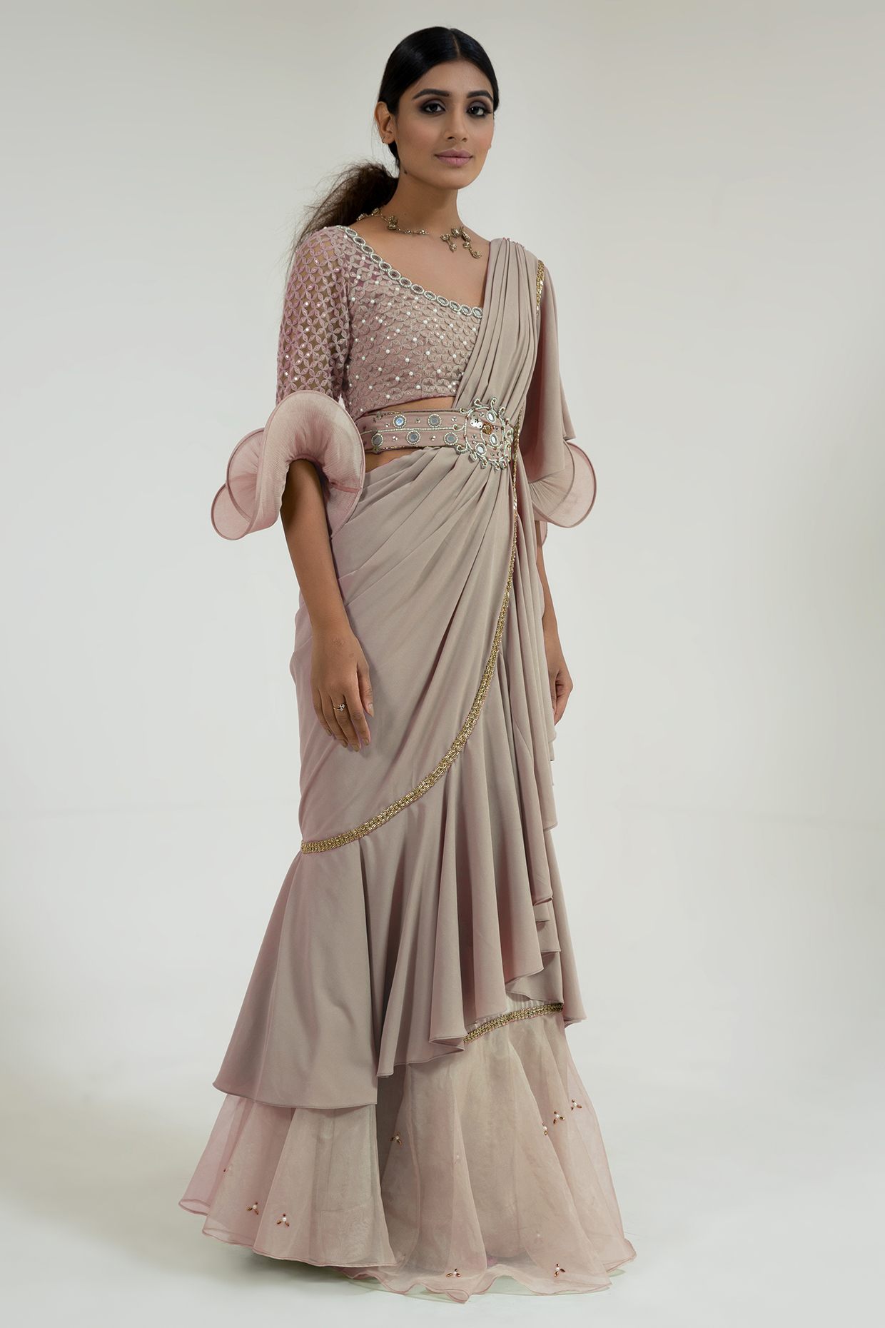 Pale Pink Georgette Blend Pre-Draped Ruffled Party Wear Saree Set by Merge Design at Pernia's Pop Up Shop