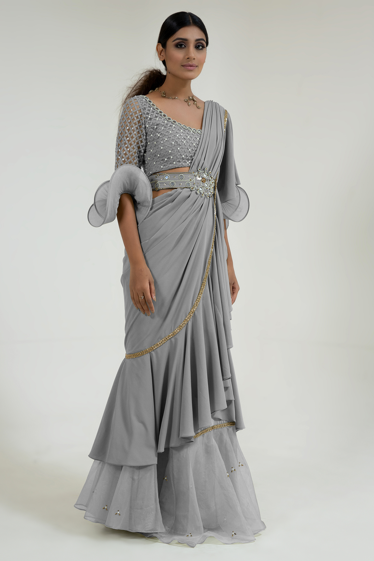 Grey Georgette Blend Pre-Draped Ruffled Party Wear Saree Set by Merge Design at Pernia's Pop Up Shop