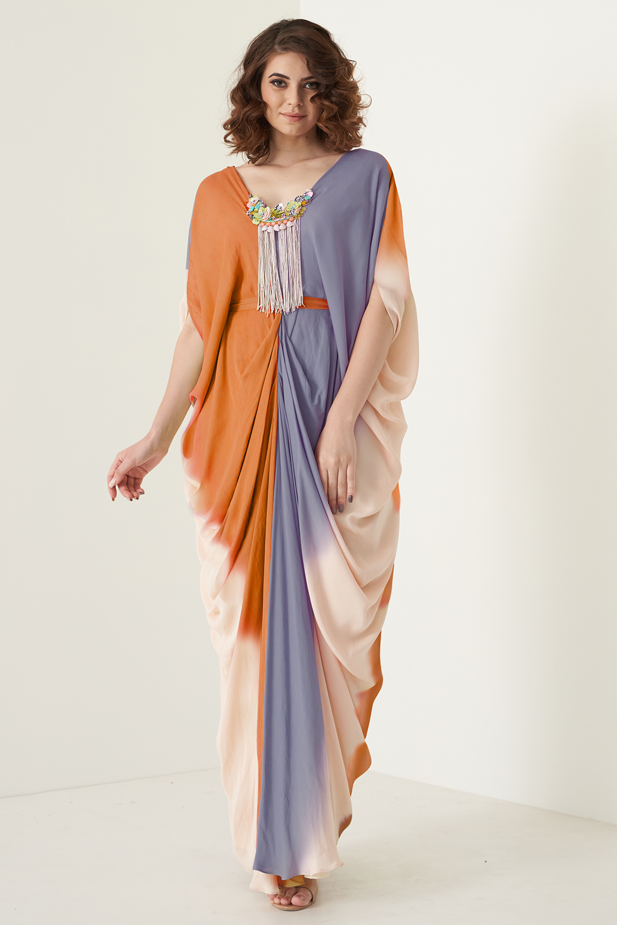 Multi-Colored Modal Satin Floral Embroidered Ombre Kaftan With Belt by Merge Design at Pernia's Pop Up Shop