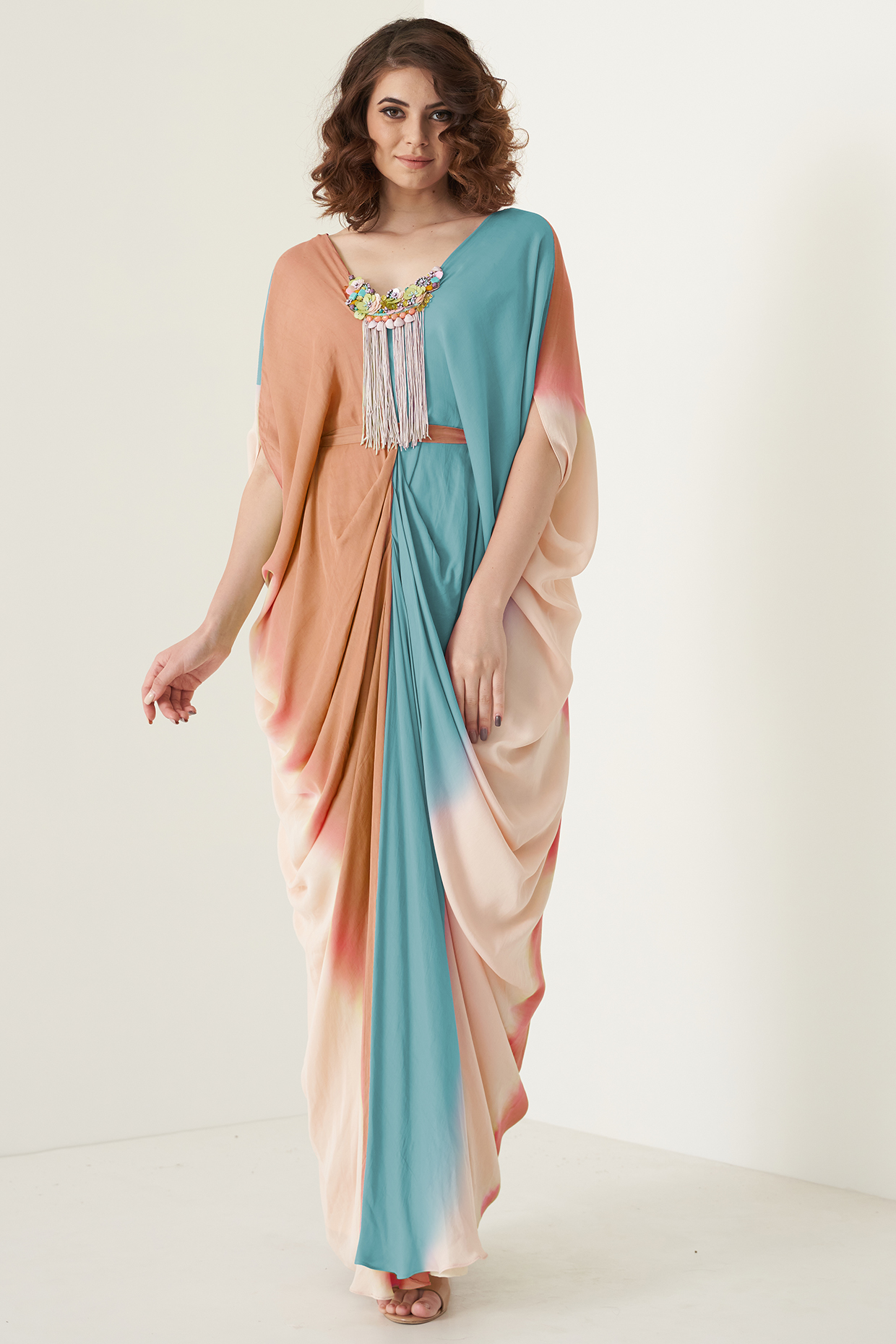 Multi-Colored Modal Satin Floral Embroidered Ombre Kaftan With Belt by Merge Design at Pernia's Pop Up Shop