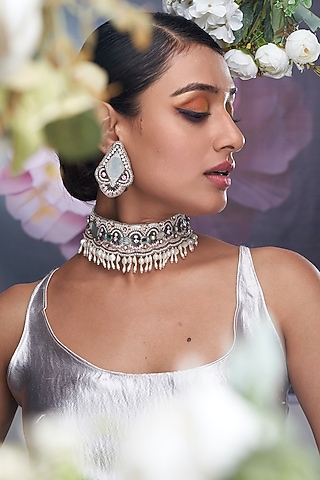 Grey Pearl & Beaded Choker Necklace Set by TORQUE by Merge