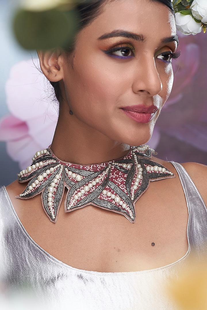 Grey Cutdana & Beaded Necklace by TORQUE by Merge at Pernia's Pop Up Shop