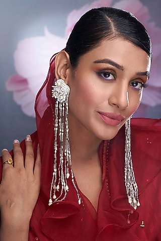 Silver Pearl & Sequinned Dangler Earrings by TORQUE by Merge