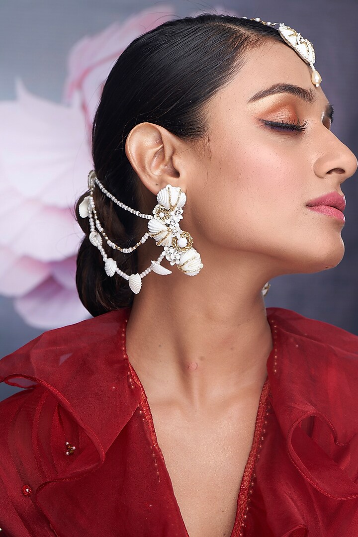 Off-White Shell & Beaded Dangler Earrings by TORQUE by Merge at Pernia's Pop Up Shop