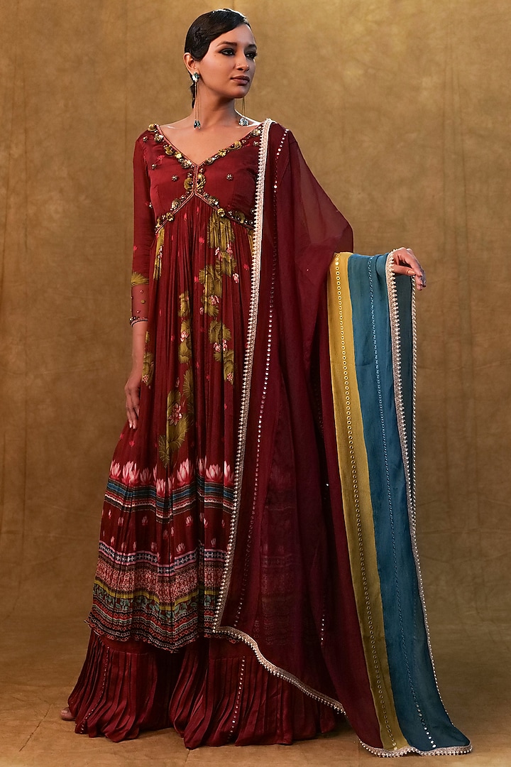 Maroon Chiffon Printed & Stone Work Anarkali Set by Merge Design at Pernia's Pop Up Shop