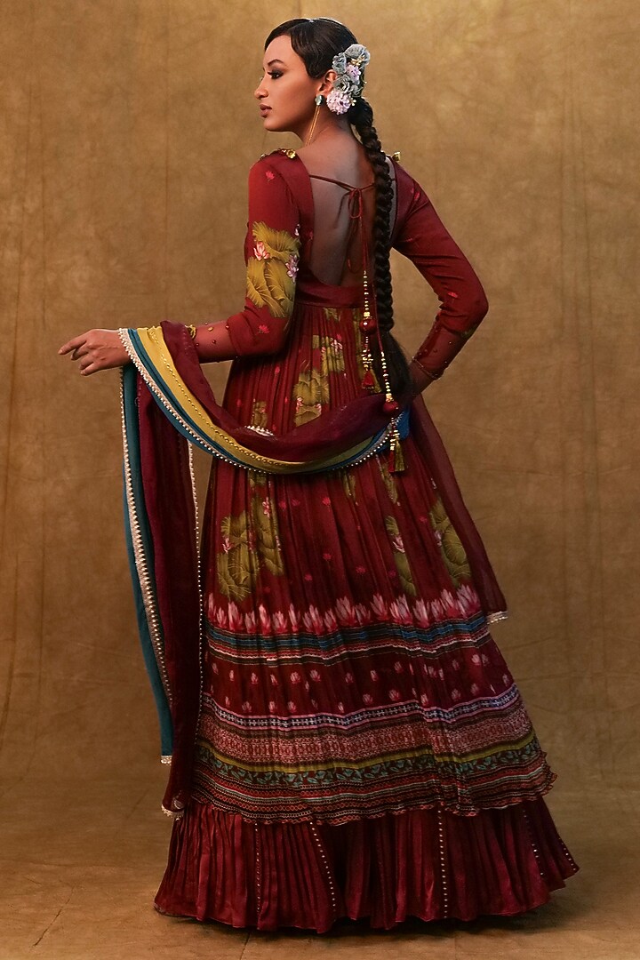 Maroon Chiffon Printed & Stone Work Anarkali Set by Merge Design at ...