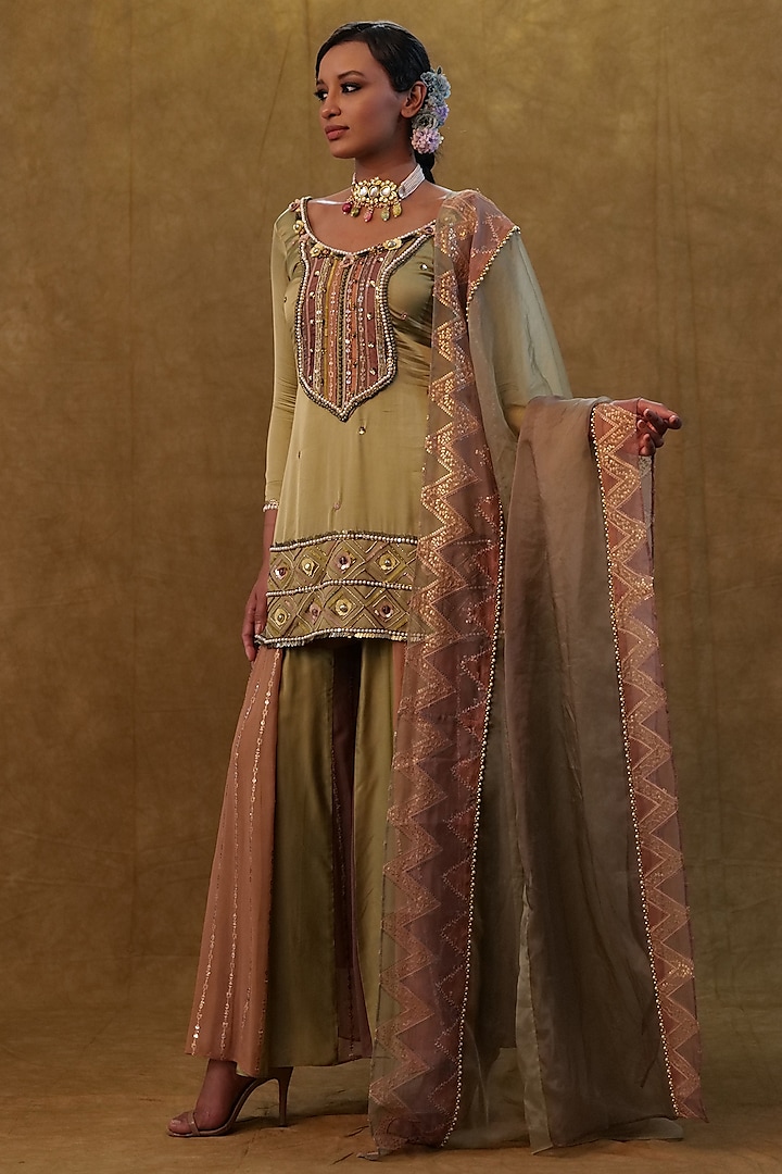 Sage Green Modal Satin & Georgette Sharara Set by Merge Design