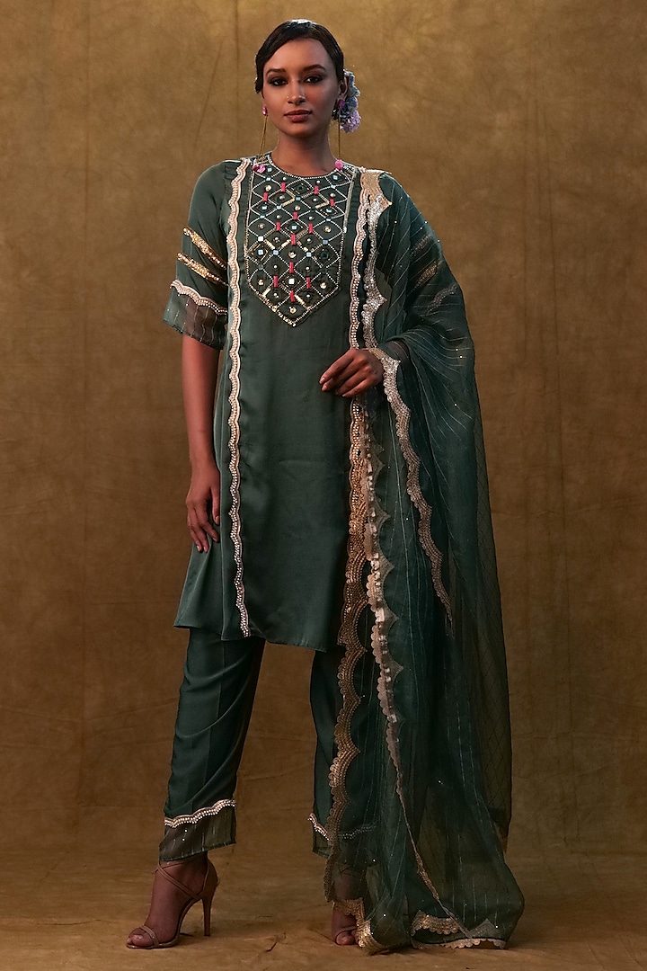 Emerald Green Silk Mirror Embellished Kurta Set by Merge Design