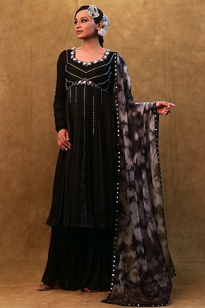 Black Modal Satin & Chiffon Shell Work Anarkali Set by Merge Design at Pernia's Pop Up Shop