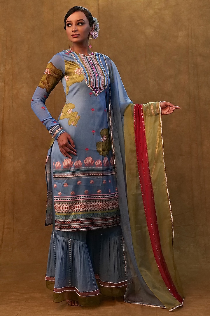 Ocean Blue Silk & Chiffon Printed Kurta Set by Merge Design at Pernia's Pop Up Shop