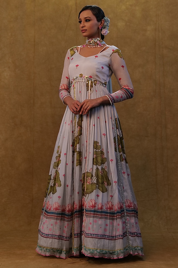 Grey Chiffon Floral Printed & Sequins Work Anarkali Set by Merge Design at Pernia's Pop Up Shop