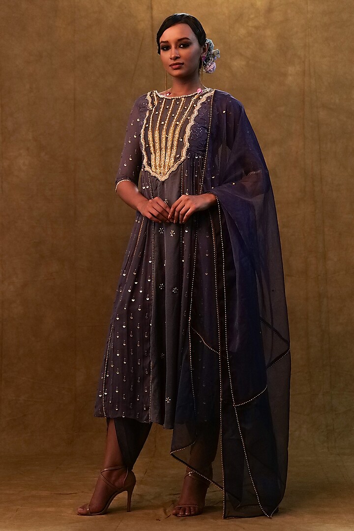 Charcoal Blue Silk Sequins Work Anarkali Set by Merge Design at Pernia's Pop Up Shop