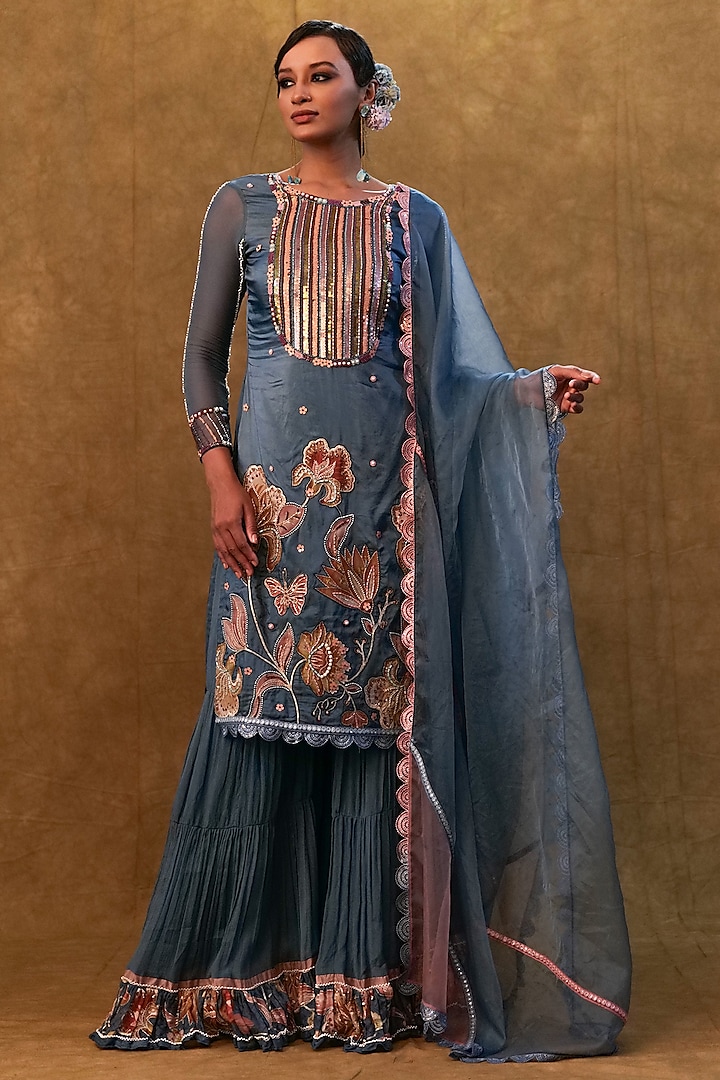 Blue Chiffon Flared Sharara Set by Merge Design at Pernia's Pop Up Shop