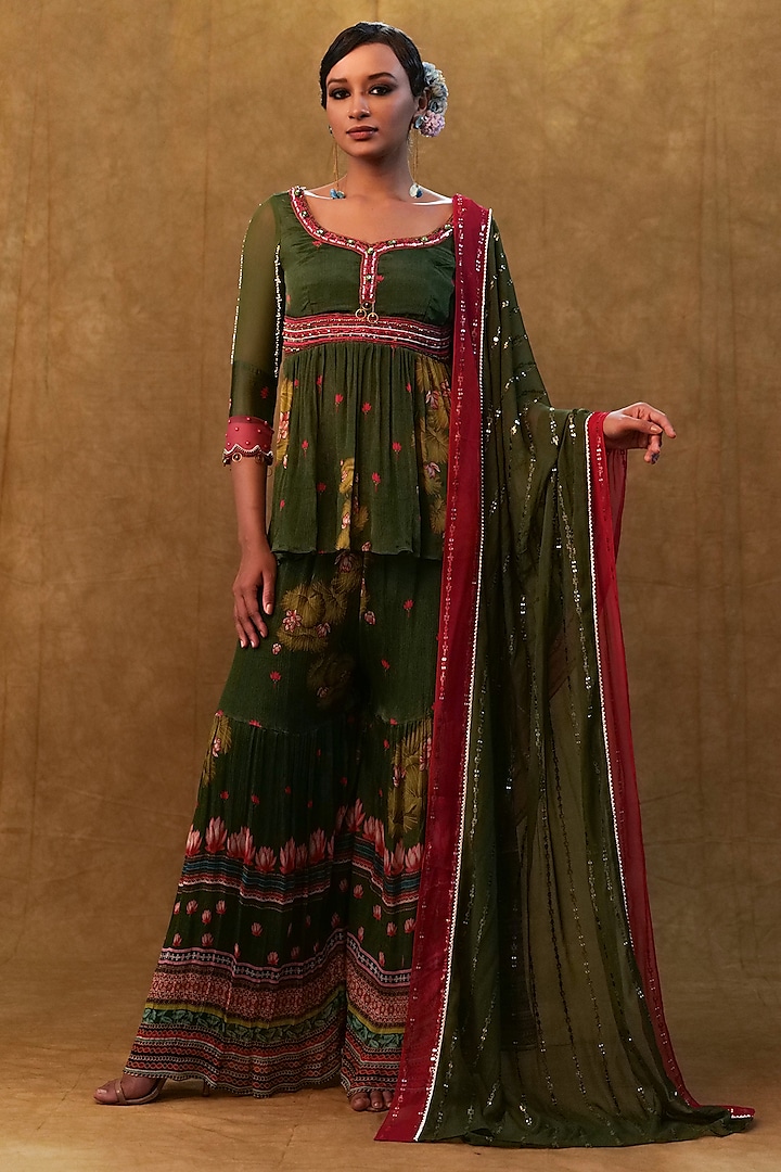 Green Chiffon Floral Printed Sharara Set by Merge Design