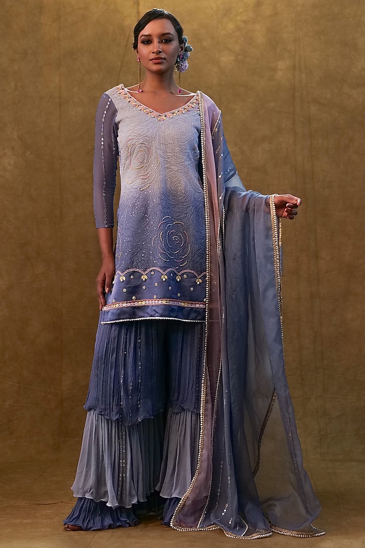 Ice Blue Chiffon Layered Sharara Set by Merge Design at Pernia's Pop Up Shop