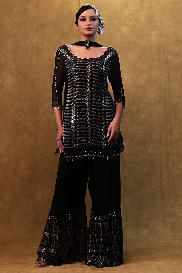 Black Georgette Pearl Work Kurta Set by Merge Design at Pernia's Pop Up Shop