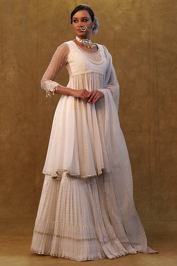 White Organza & Georgette Pearl Work Anarkali Set by Merge Design at Pernia's Pop Up Shop