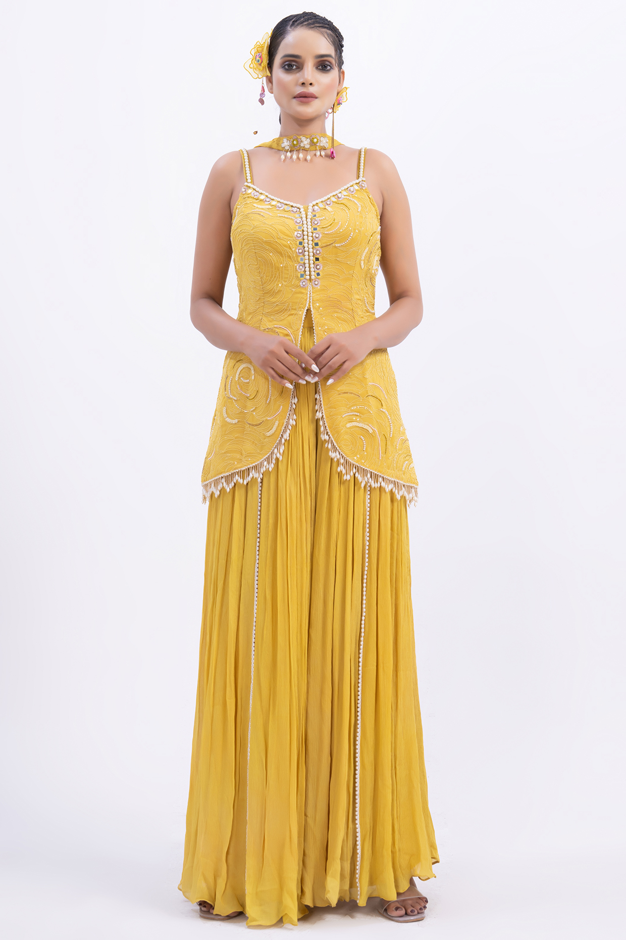 Yellow Chiffon Gharara Set by Merge Design at Pernia's Pop Up Shop