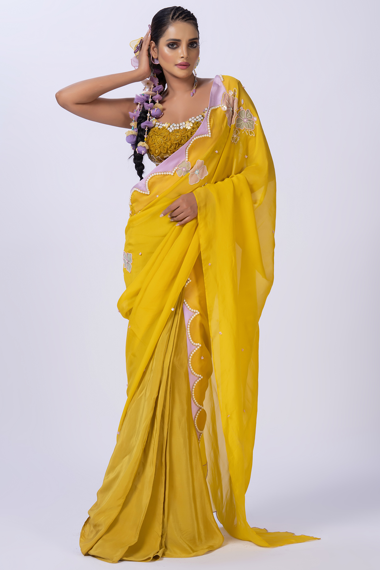 Yellow Chiffon Pre-Stitched Party Wear Saree Set by Merge Design at Pernia's Pop Up Shop