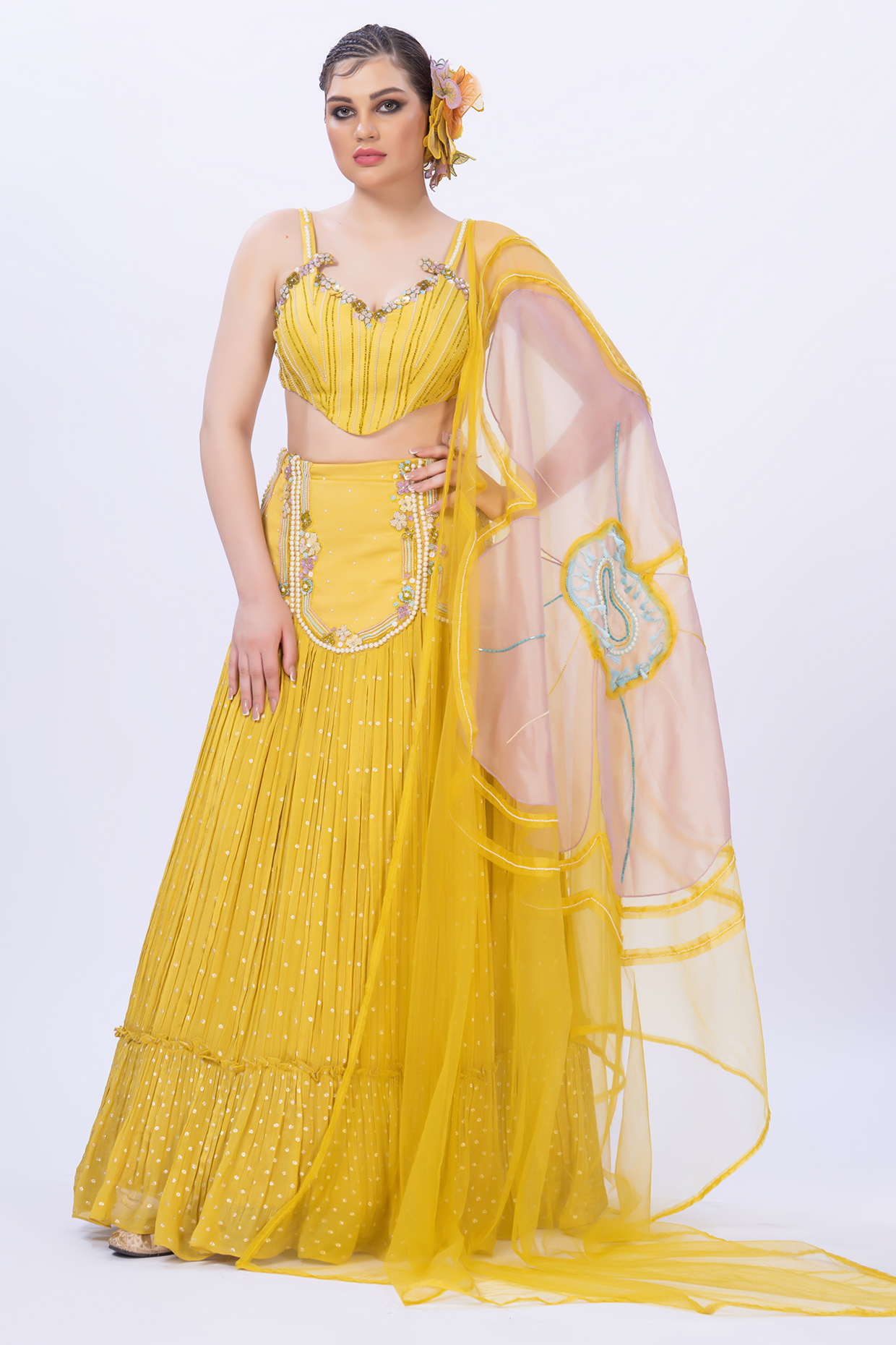 Yellow Chiffon Pearl Work Wedding Lehenga Set by Merge Design at Pernia's Pop Up Shop