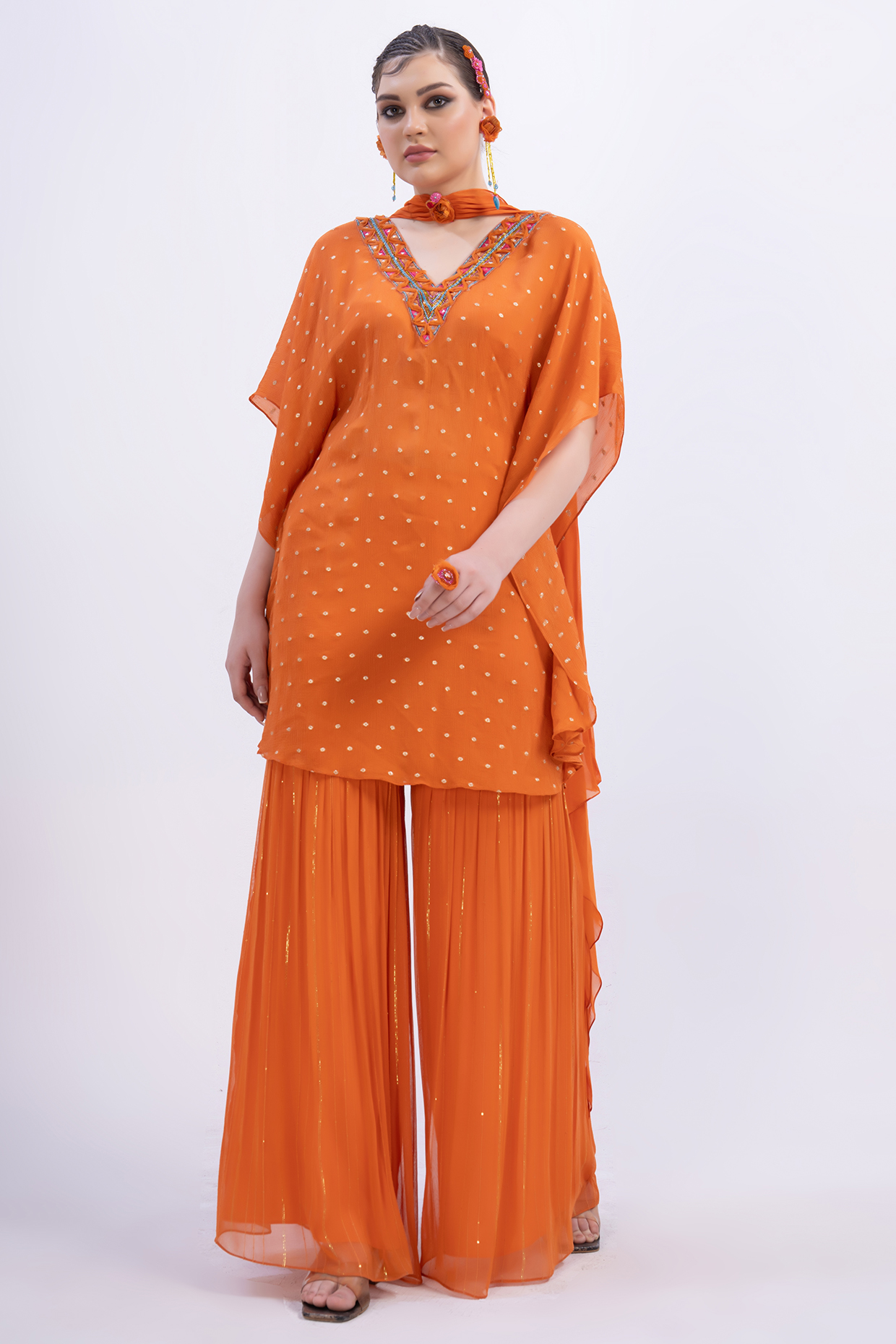 Orange Boota Chiffon Mirror Work Kaftan Set by Merge Design at Pernia's Pop Up Shop