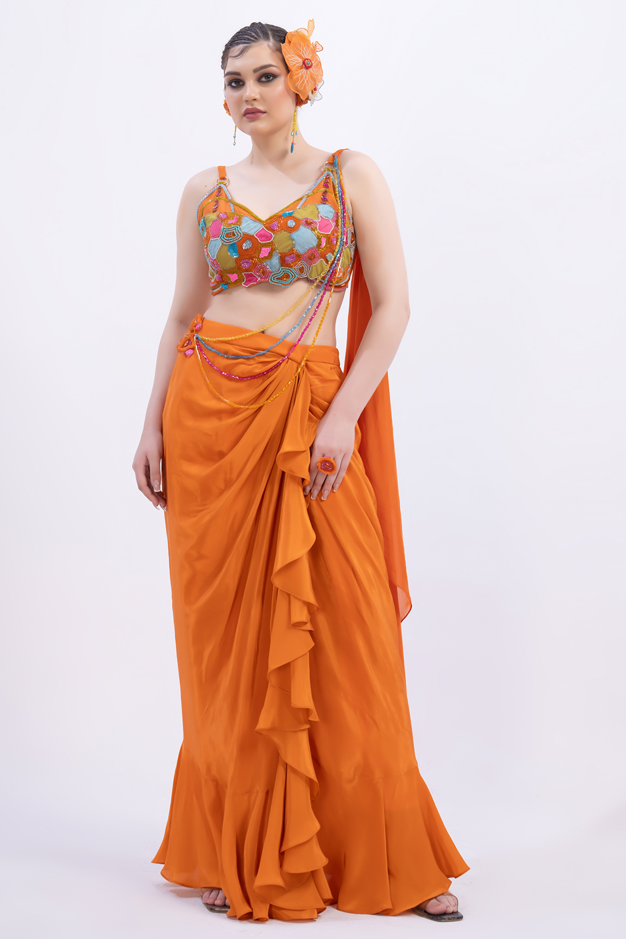 Orange Modal Satin Ruffled Dhoti Skirt Set by Merge Design at Pernia's Pop Up Shop