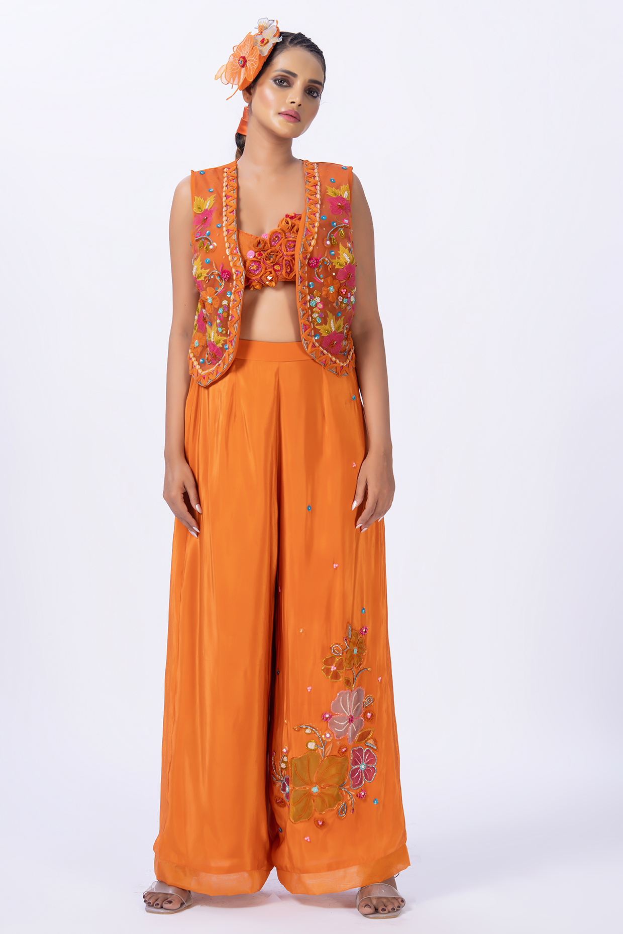Orange Modal Satin Applique Work Pant Set by Merge Design at Pernia's Pop Up Shop