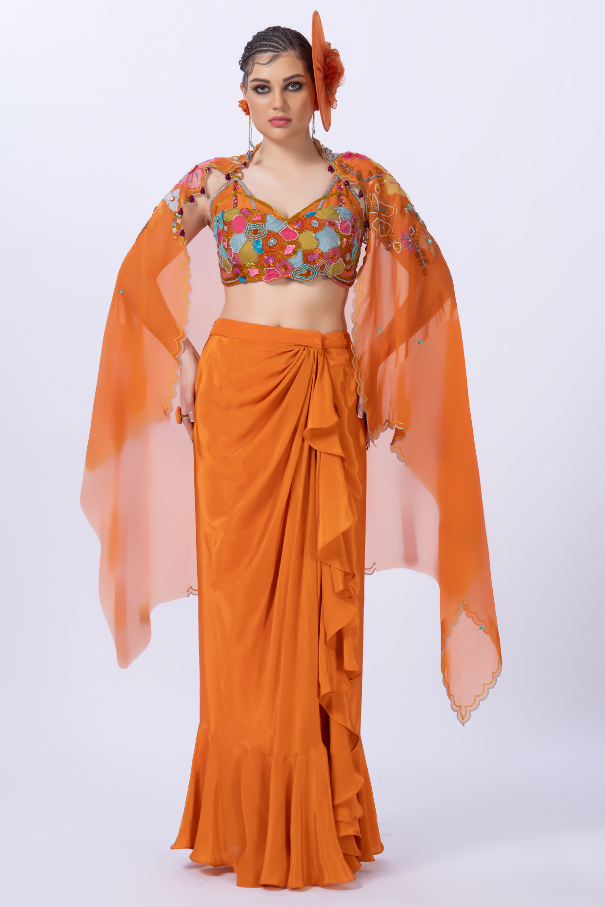 Orange Modal Satin Ruffled Dhoti Skirt Set by Merge Design at Pernia's Pop Up Shop