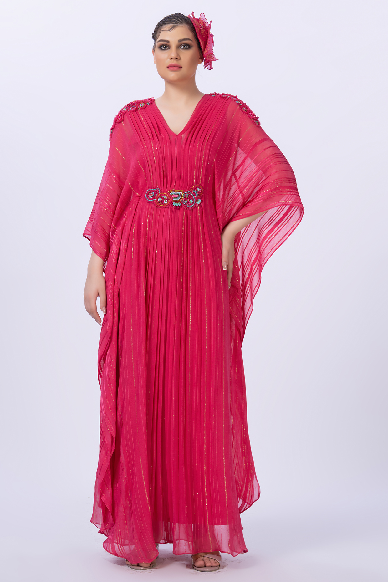 Fuchsia Pink Self Textured Georgette Embroidered Kaftan by Merge Design at Pernia's Pop Up Shop