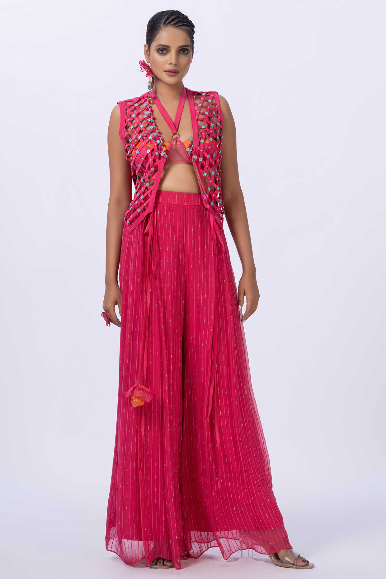 Fuchsia Pink Self Textured Georgette Pant Set by Merge Design at Pernia's Pop Up Shop