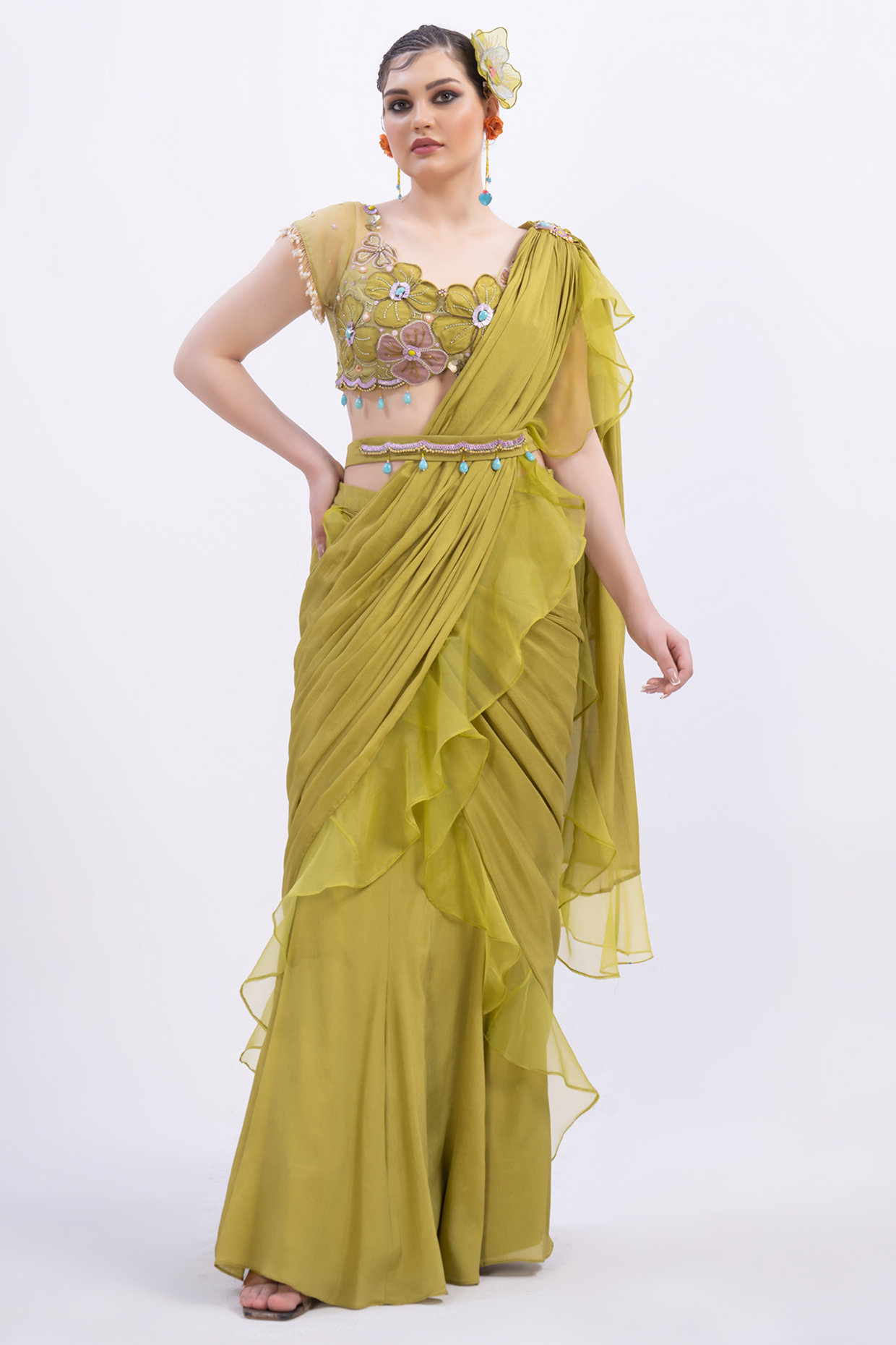 Lime Green Chiffon Ruffled Party Wear Saree Set by Merge Design at Pernia's Pop Up Shop