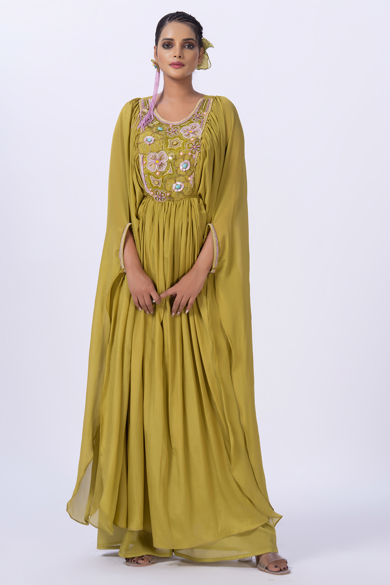 Lime Green Chiffon Applique Work Kaftan by Merge Design at Pernia's Pop Up Shop