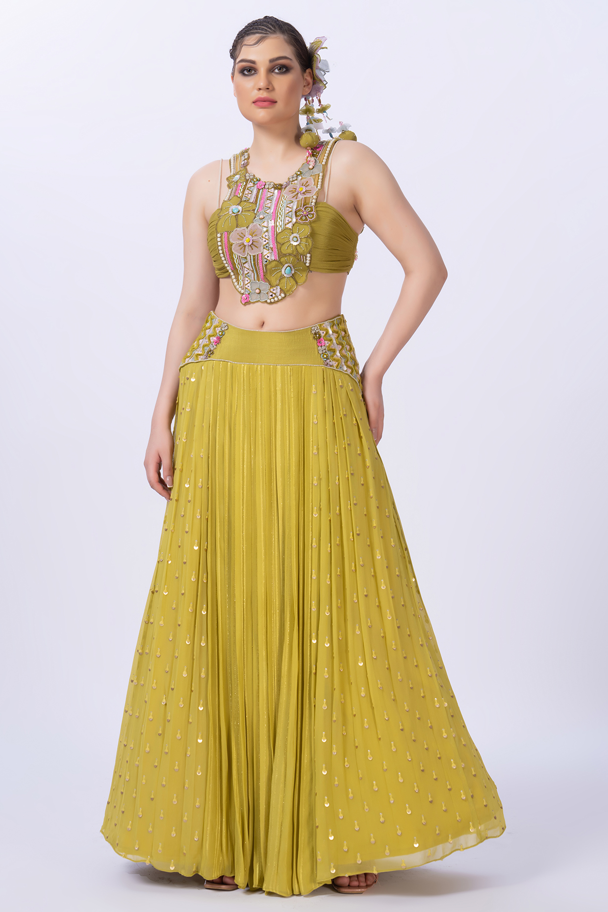 Lime Green Textured Georgette Wedding Lehenga Set by Merge Design at Pernia's Pop Up Shop