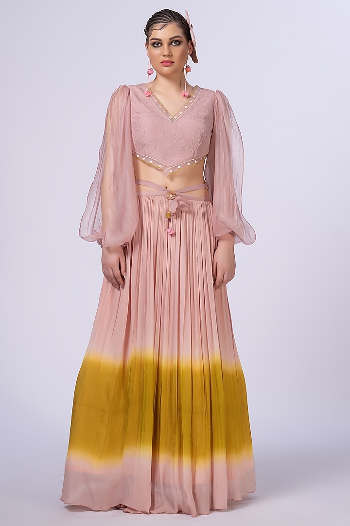 Blush Pink & Mustard Ombre Chiffon Skirt Set by Merge Design at Pernia's Pop Up Shop