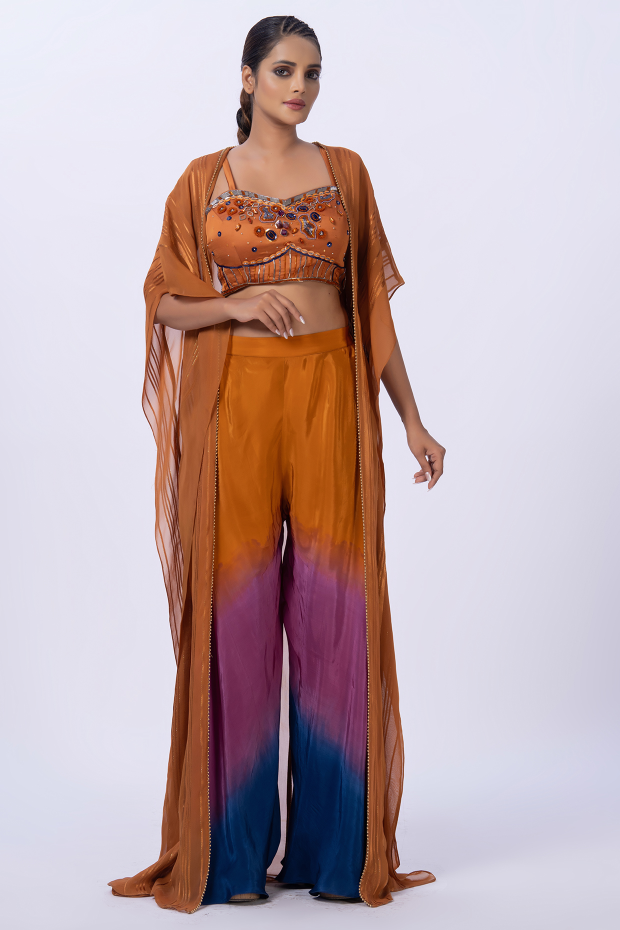 Orange Self Textured Stripe & Organza Shrug Set by Merge Design at Pernia's Pop Up Shop