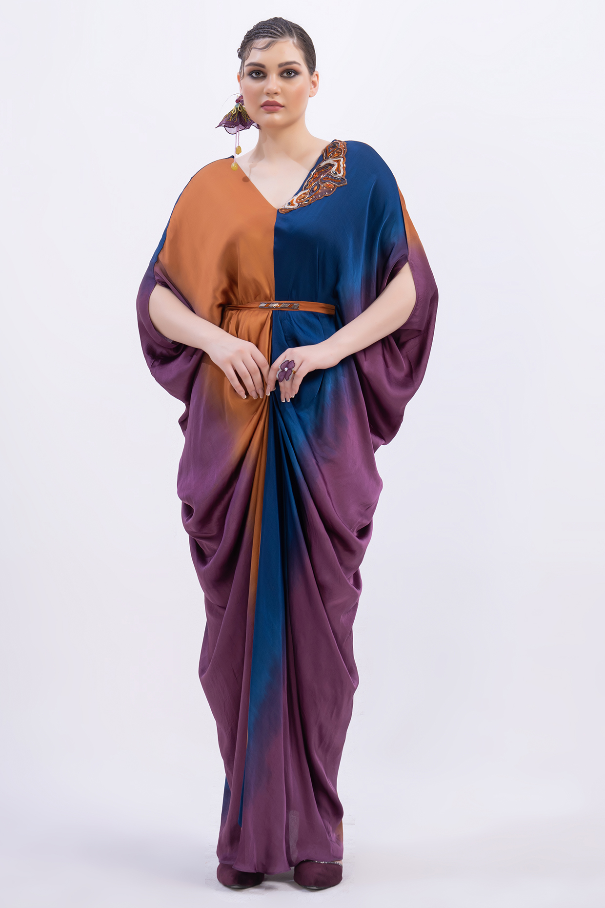 Multi-Colored Ombre Modal Satin Cutdana Work Kaftan by Merge Design at Pernia's Pop Up Shop