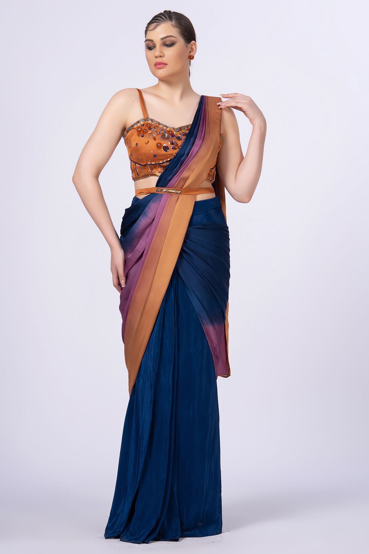 Multi-Colored Ombre Modal Satin Pre-Stitched Party Wear Saree Set by Merge Design at Pernia's Pop Up Shop